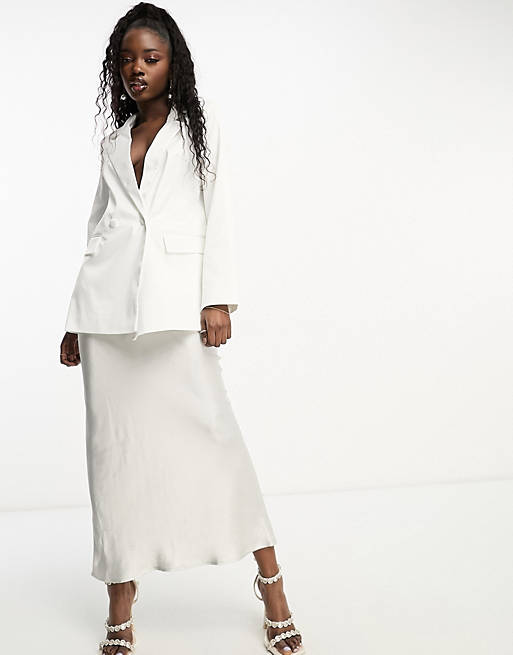 Pieces – Bride To Be – Blazer long d’ensemble en satin – Blanc – Image 3