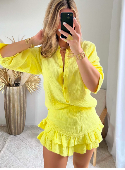 ENSEMBLE SHORT -JUPE ET CHEMISE GAZ DE COTON MODELE BELLAVIE ( 10 COULEURS ) – Image 3