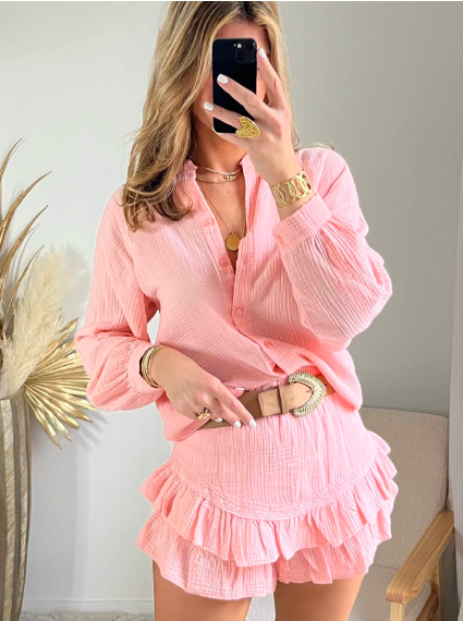 ENSEMBLE SHORT -JUPE ET CHEMISE GAZ DE COTON MODELE BELLAVIE ( 10 COULEURS ) – Image 5