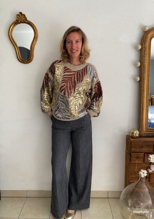 Pull à motifs feuilles sequins Phybie – Gold and Silver – Image 3