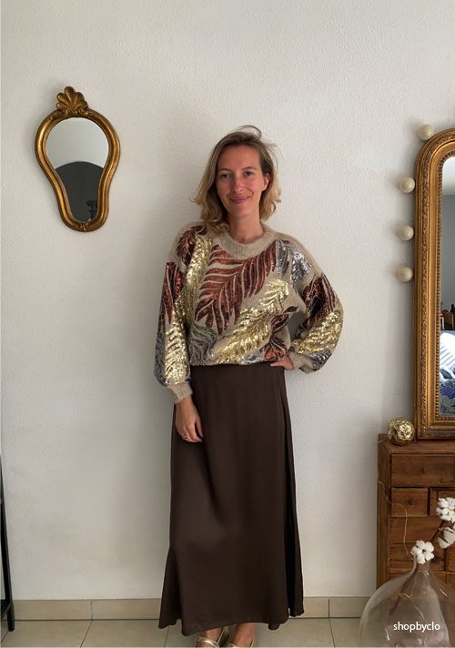 Pull à motifs feuilles sequins Phybie – Gold and Silver