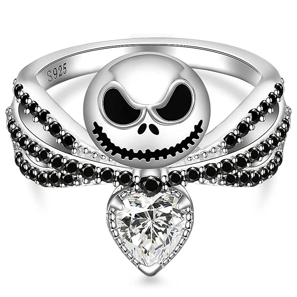 Bague gothique L’Étrange Noël de monsieur Jack Skellington en argent 925 – Avec pierre cœur zircon