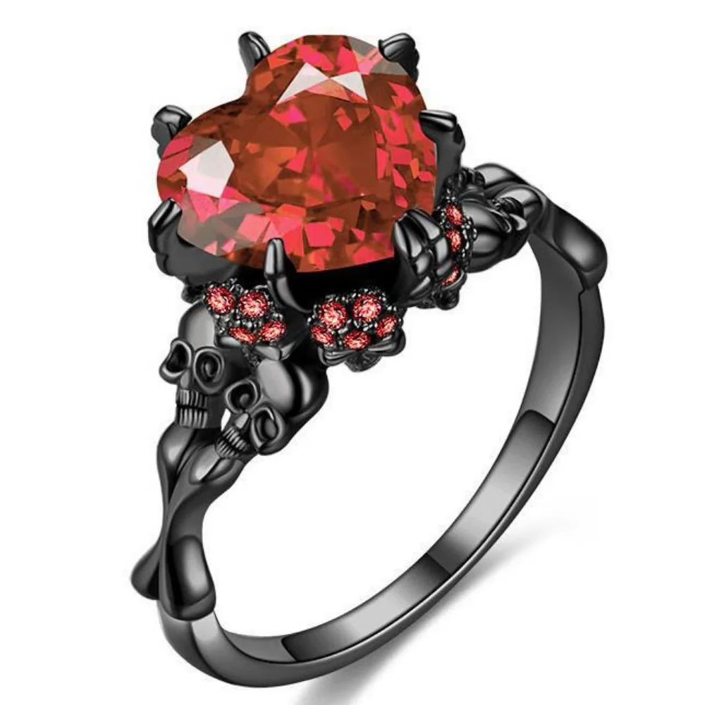 Bague gothique noire avec cœur en pierre colorée et crânes – Anneau romantique punk pour femme – Image 6