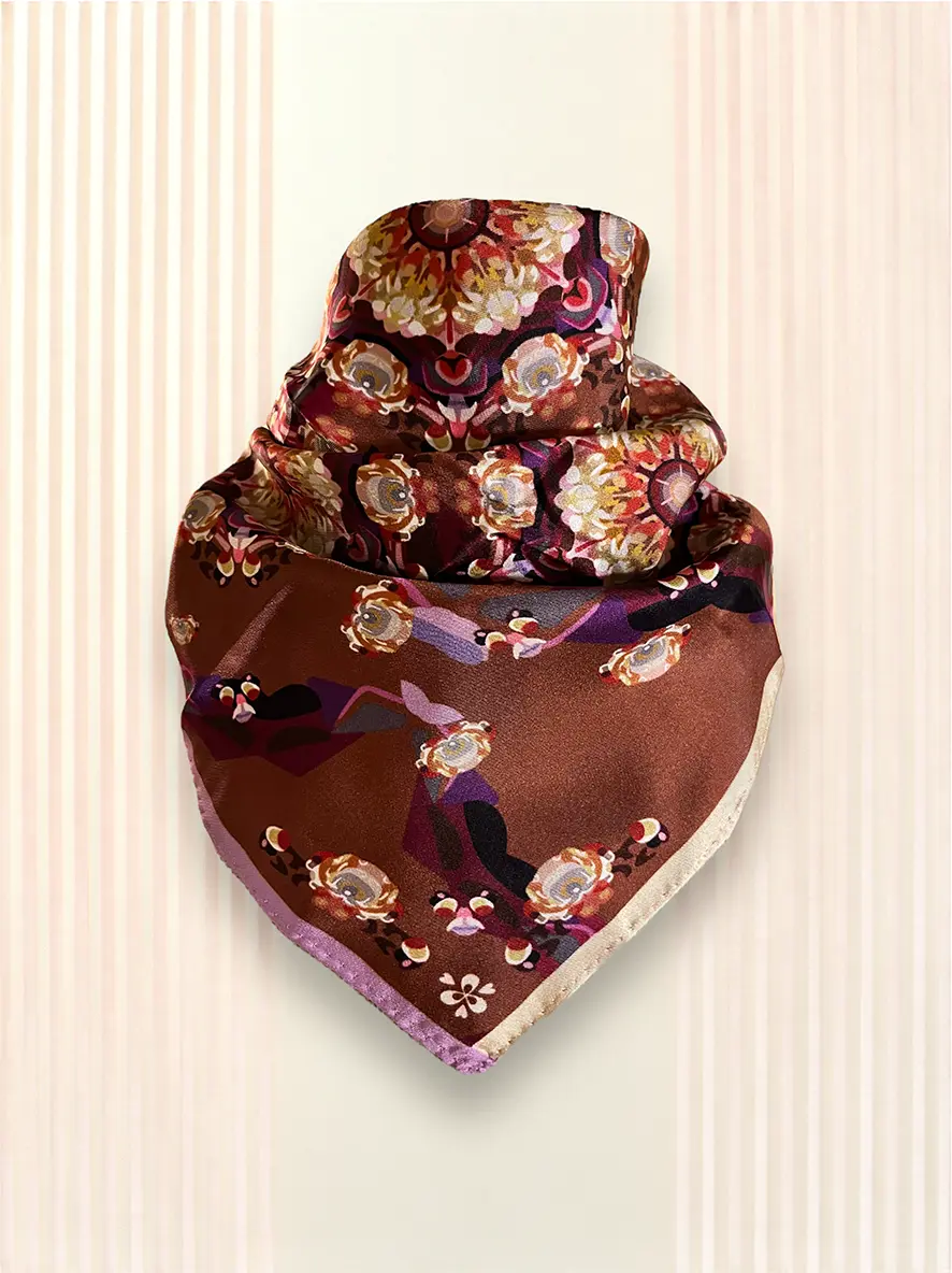 Foulard soie Gavroche Hortensias bruns