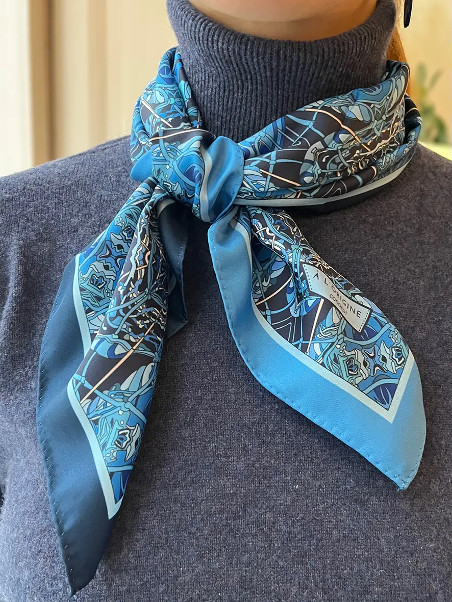 Foulard soie Bandana Filet pêche Bleu – Image 3
