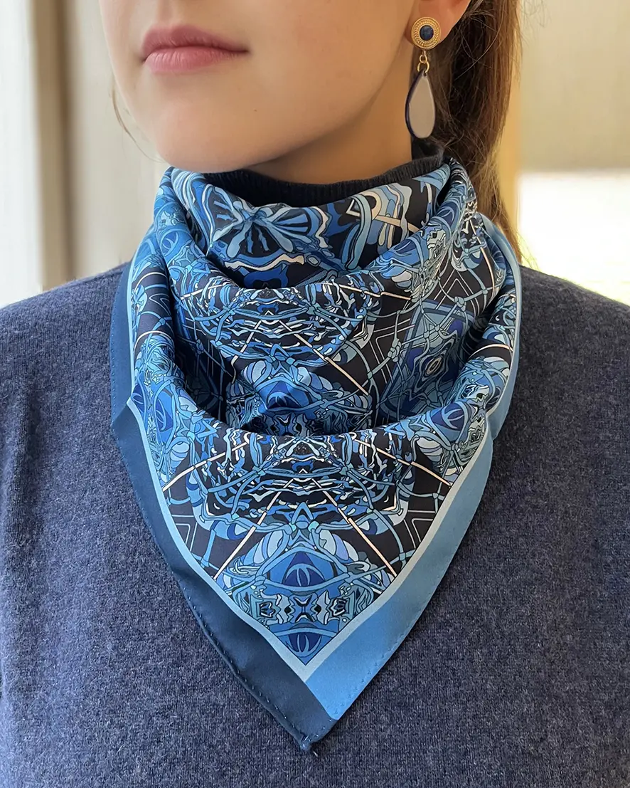 Foulard soie Bandana Filet pêche Bleu – Image 2