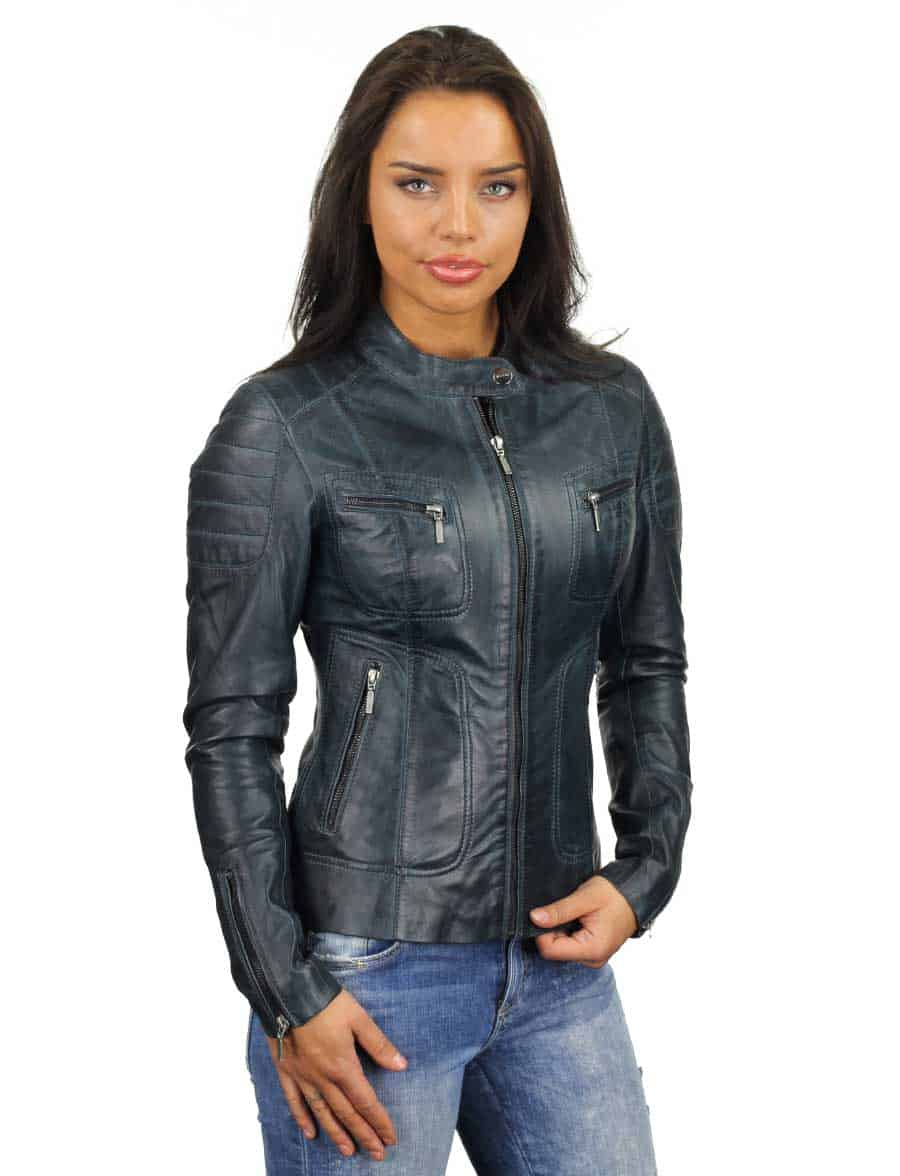leren biker jas dames blauw Miami Versano – Image 4