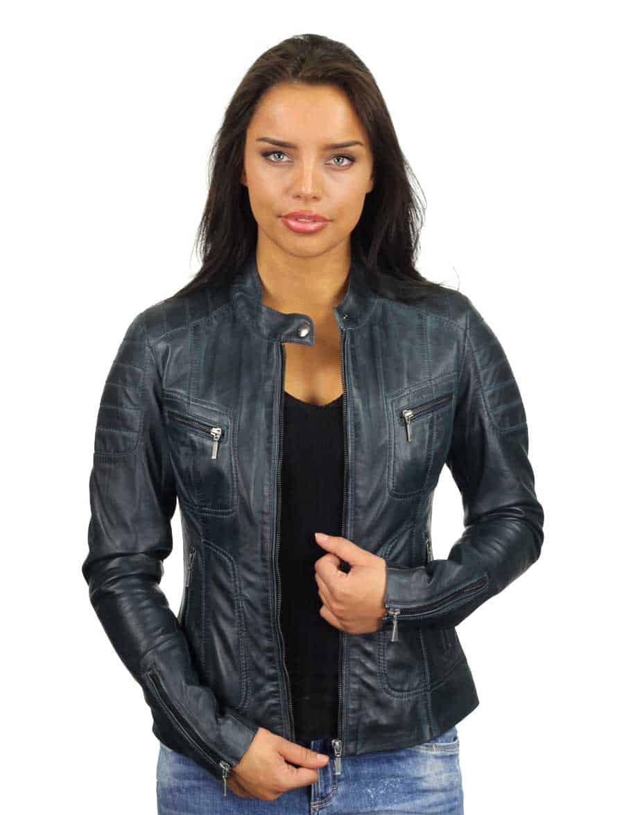 leren biker jas dames blauw Miami Versano – Image 2
