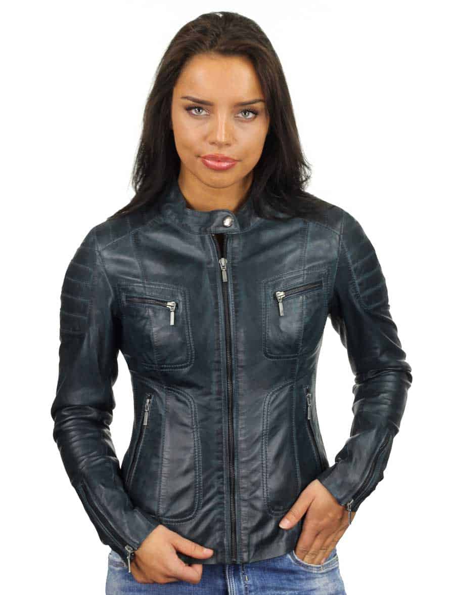 leren biker jas dames blauw Miami Versano – Image 5