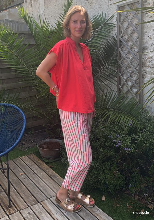 Pantalon Magic rayures rose framboise effet lin – Johanna Paris – Image 2