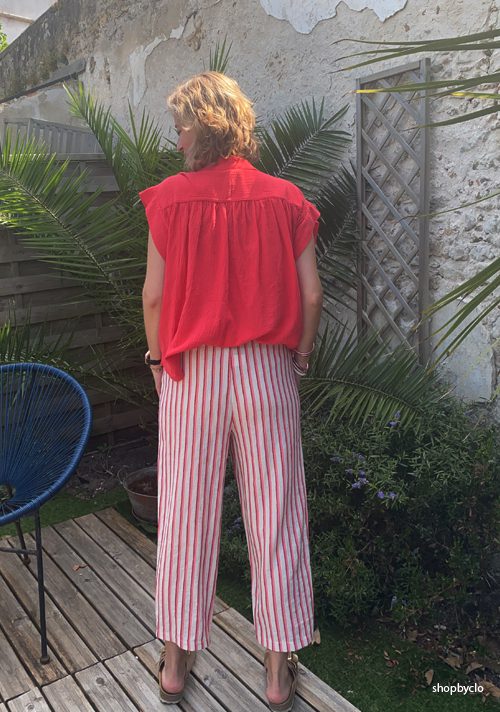 Pantalon Magic rayures rose framboise effet lin – Johanna Paris – Image 3