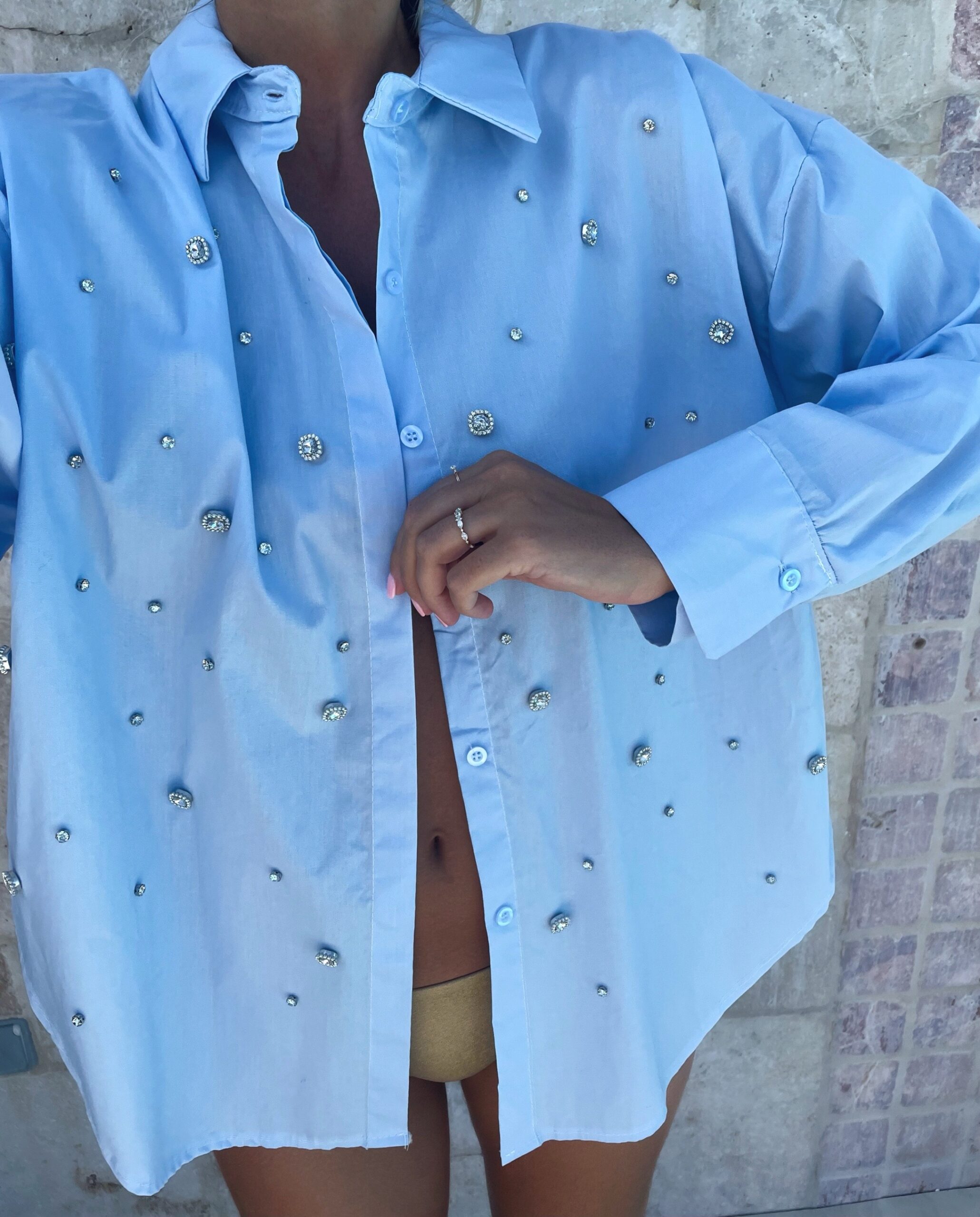 Chemise Manches Longues Bleue Strass – Image 3